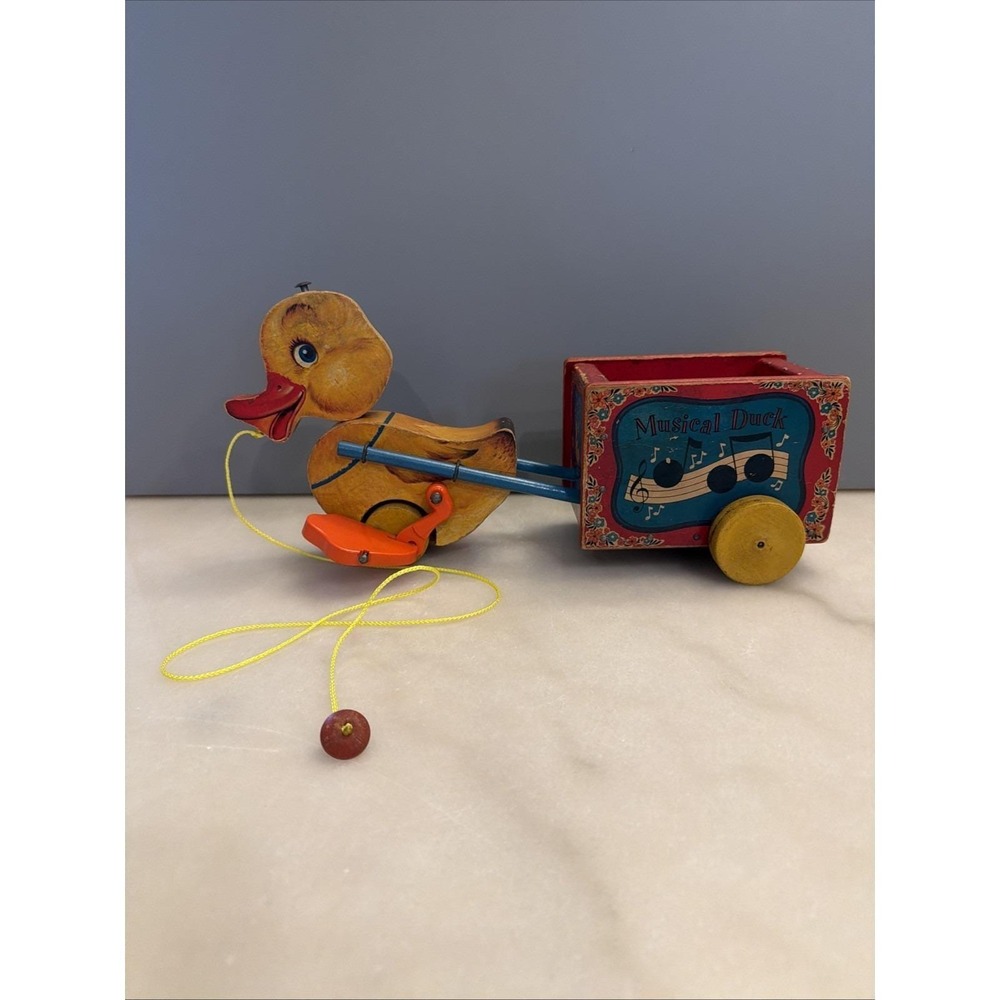 Vintage 1950s Fisher Price Wooden Musical Duck Pull Toy w/ Replaced Pull String